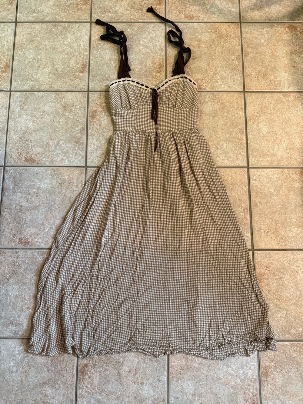 Smocked Gingham Maxi Dress with Tie-Straps in Brown and Cream